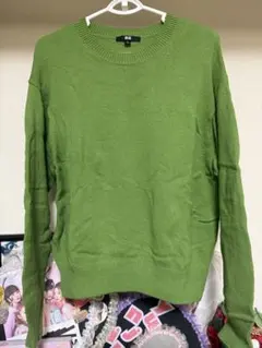 GU グリーン ニットセーター 毛 100% 春ニット クルーネックセーター