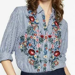 芸能人愛用モデル☆ZARA好きに☆花柄刺繍入りストライプシャツ シャツ L