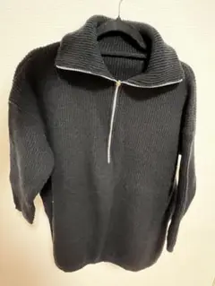 黒 ハーフジップアップ ハイネック 長袖ニット