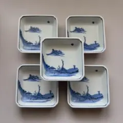 藍染蔵 山水小皿 5客揃え　豆皿　醤油皿　染付 骨董　雑器　古美術