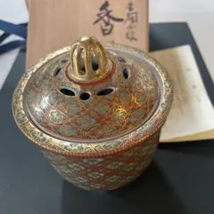 九谷庄三 金彩 色絵 幾何学文 竹林に七賢人 花鳥図 香炉 九谷焼 明治期
