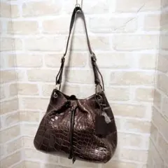 ★JRA認定 CONTE BLUE クロコダイル 巾着ショルダーバッグ 茶系