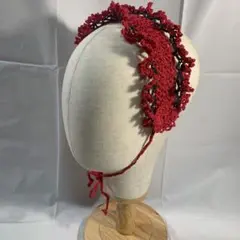 フリル付きヘッドドレス　赤　バブーシュカ　ヘアバンド　ハンドメイド　レッド