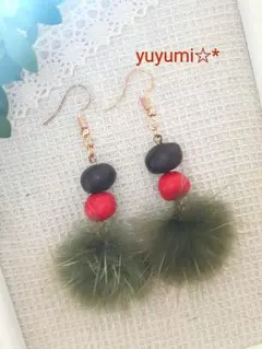 〔No.133〕モスグリーン　ミンクファー　ゴールドピアス　yuyumi☆*