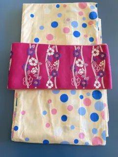 【新品・未使用】浴衣・帯セット　水玉柄ゆかたに椿の半幅帯　フリーサイズ　裄66㎝