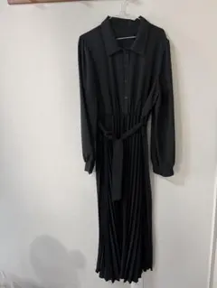 レディース ロングシャツワンピース ブラック プリーツ XXL
