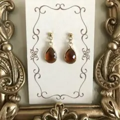 5908　ピアス　ゴールド　ハンドメイド　イヤリング交換無料　ブラウン茶ドロップ