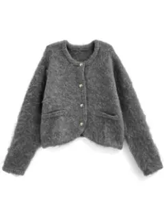 ゴールドボタンシャギーニットカーディガン グレー【an1684】