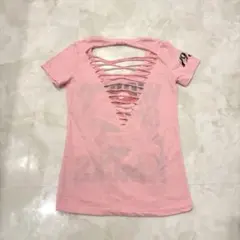 新品　ピンク 半袖Tシャツ 背中ダメージ加工　平成ギャル　y2k ベロプリントMのサムネイル