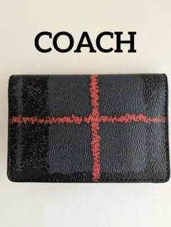 美品・COACH】チェック柄 二つ折りカードケース オレンジ×ブラック
