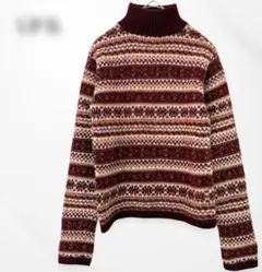 UPB ニット　セーター　タートルネック　ボルドー　総柄　毛100% 日本製