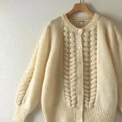 キッドモヘア混 立体ケーブル編み ニットカーディガン 生成り　アイボリー