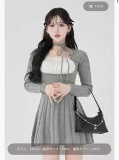 Darich ネックリボンデザインフレアニットミニワンピース