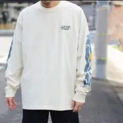 HUF 長袖カットソー S ベージュ 波模様 ロンT