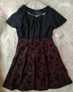 【9AR】ビジュ付きフロッキープリントスカート　ワンピース