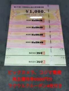 ビックカメラ・コジマ 株主優待券 6000円分、ラクウルクーポン4枚付き