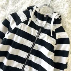 48【美品】ギャップ ボーダー ジップアップパーカーフード付き XXS 黒 白