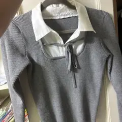 グレー リブニット シャツ レイヤード風 長袖のサムネイル