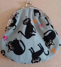 ハンドメイド黒猫プリントのがま口