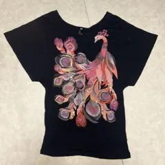 H&M 孔雀プリント 半袖Tシャツ ブラック Mサイズのサムネイル