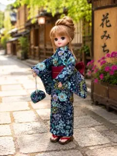 リカちゃん 浴衣セット 花柄 濃紺 帯 巾着付きのサムネイル