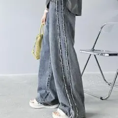 サイド フリンジ ワイドルーズ オーバーサイズ デニムパンツ