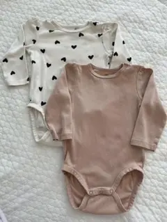 ハート柄・無地長袖ボディスーツ2点セット