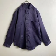 シャツ　バンドカラー　パープル　紫　同系色柄　チェーン柄　柄シャツ　古着
