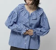 ●新品niko and リネンブレンドフリルブラウス/Mギンガムチェック