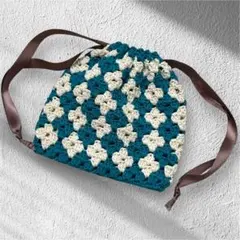 巾着袋 青とクリームの花柄