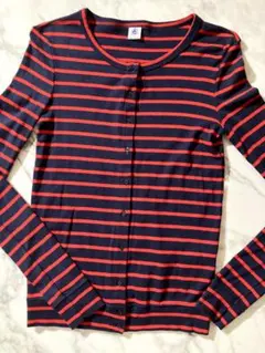 プチバトー　カーディガン　ボーダー　赤　黒　S ボレロ　長袖