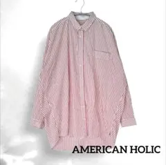美品 アメリカンホリック バックオープン シャツ チュニック ストライプ 赤 L