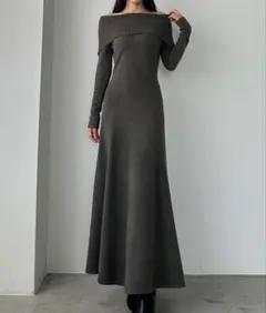 ダークグレー オフショルダー ロングワンピース