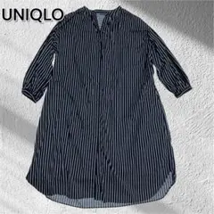 UNIQLO ストライプ長袖シャツワンピース　美品　Lユニクロ　ノーカラー