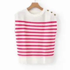 VIS ゴールド釦アクセントフレンチスリーブニット ピンクボーダー