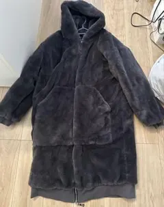 防寒　濃グレー フェイクファー ロングコートXL