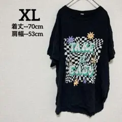 Tシャツ 【XL】チェック柄 ロゴ入り フラワー ブラック 黒 半袖