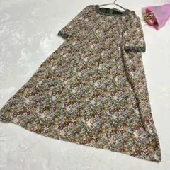 スクエアネック 花柄五分袖ブラウスワンピース アンティーク調 ロング丈 刺繍