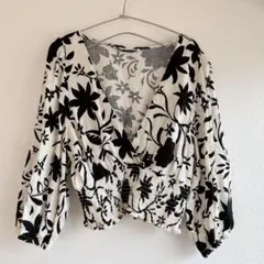 【ZARA】ブラウス S シャーリング ウエストゴム リネン 花柄 フラワー
