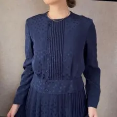 ヴィンテージ レトロ古着 セットアップ風クローバージャガードワンピース ネイビー