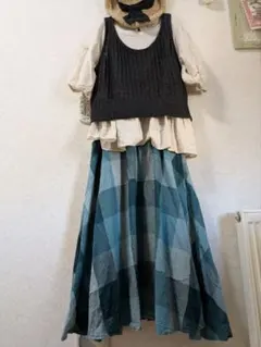 CieI様専用　サマンサモスモス　リネン混チェックフレアスカート　グリーン