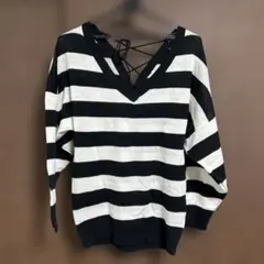 ストライプ柄 Vネック ニット 七分袖 トップス レディースM