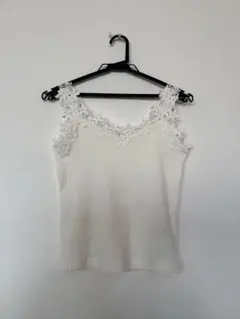ホワイト フラワーレース花柄刺繍 タンクトップノースリーブキャミのサムネイル