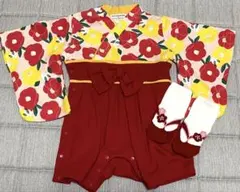 ロンパース　ベビー袴　靴下付き　70cm 　花柄　赤　お食い初め　初節句