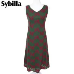 【美品】 Sybilla ノースリーブワンピース M 刺繍花柄チェック 緑×赤