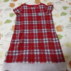 【BeBe】130cm ワンピース 赤 チェック 裾ボア 上品 べべ お出かけ