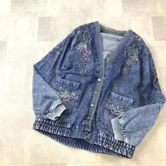 90s レトロ 刺繍 デニム ジャケット スナップボタン ブルー