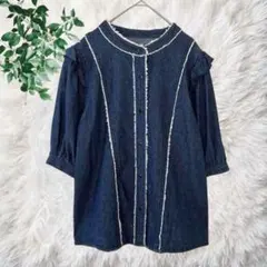グレイル　ＧＲＬ　デニム　フリル　五分袖　トップス　Ｔシャツ　ノーカラー