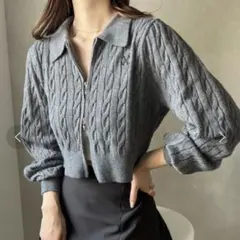 NICE CLAUP ジップアップ刺繍ケーブルニット グレー