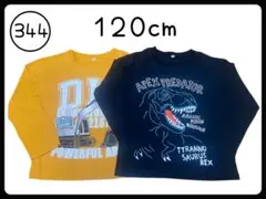 №344　長袖カットソー　ロングTシャツ　恐竜　　　働く車　ショベルカー　１２０